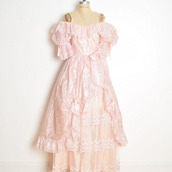 vintage 80s prom dress pink lace puffy bows tulle ball gown puff sleeves S clothing