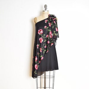 vintage 70s dress black pink one shoulder draped floral print disco mini S