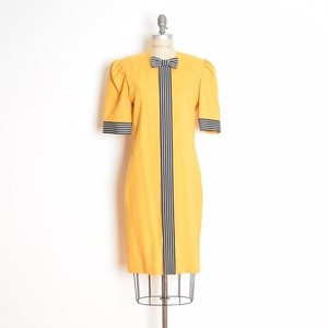 vintage 80s dress yellow striped trim bow puff sleeve secretary midi dress M clothing image 1