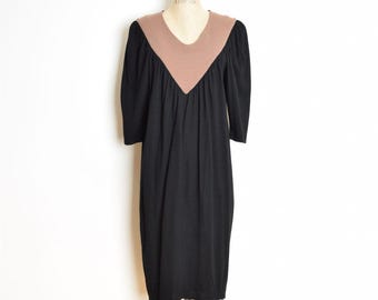vintage 80s dress knit wool jersey black brown futuristic space age midi M clothing