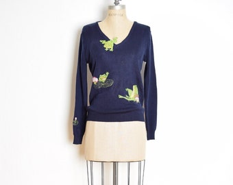 vintage 70s sweater navy embroidered FROGS Cyn Les Shirlee jumper top shirt M L clothing
