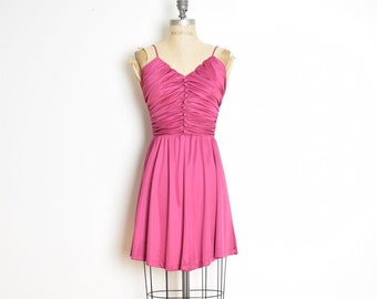 vintage 70s disco dress fuchsia pink ruched short mini sundress sun dress XS