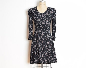 vintage 90s dress black floral print rayon bow grunge mini dress XS clothing