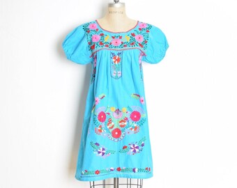 vintage 70s dress blue Mexican floral embroidered hippie boho mini cotton S clothing