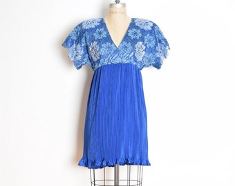 vintage 80s dress blue metallic lace pleated babydoll cocktail party mini M