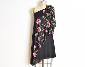 vintage 70s dress black pink one shoulder draped floral print disco mini S