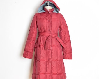 vintage 80s puffer coat down puffy parka jacket burgundy hooded belted S clothing