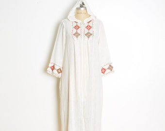 vintage 70s lounge dress nightie gauze embroidered hippie boho maxi hood M L clothing