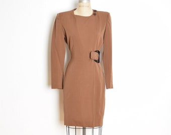 vintage 80s wrap dress TAHARI brown wool strong shoulder long sleeve mini S clothing