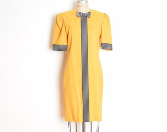 vintage 80s dress yellow striped trim bow puff sleeve secretary midi dress M clothing