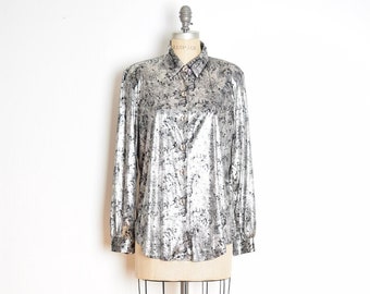 vintage 80s top black metallic silver leaves floral print blouse shirt L XL clothing