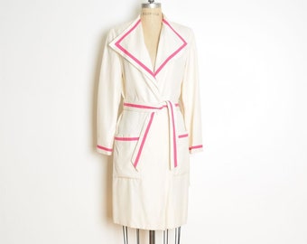 vintage 80s jacket cream pink silk pointy collar trench coat belted wrap NOS L clothing