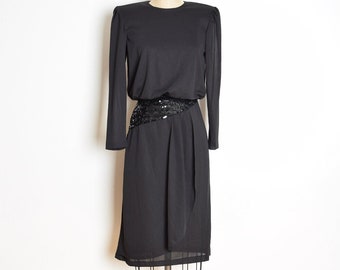 vintage 80s dress black sequin waist draped disco clothing long sleeve S