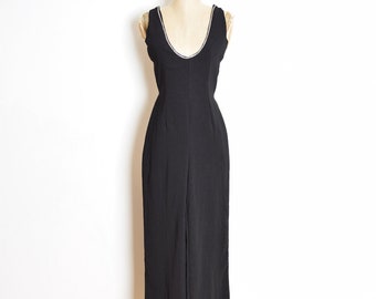 vintage 90s mono negro hundiendo profundo escote ancho pierna romper pantalones XS