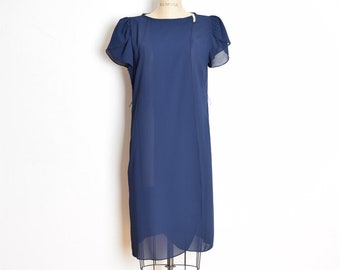 vintage 80er kleid schiere marine blau flattern puff ärmel überlappen midi kleid m L kleidung