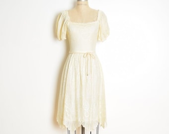 vintage 70s dress cream crochet lace hippie boho off shoulder peasant sundress XS clothing