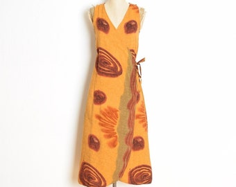 vintage 80s wrap dress gold airbrush squiggle print rayon midi sun dress M clothing