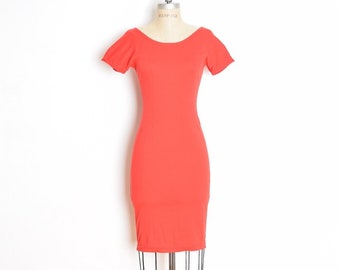 vintage 90s dress red knit bandage bodycon tight wide neck mini dress XS S