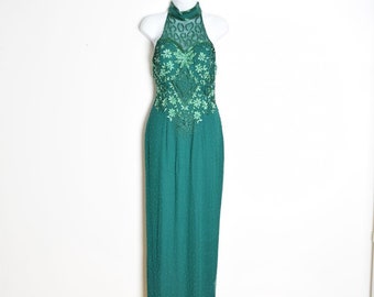 vintage 80s dress Alyce green silk beaded sequin prom cocktail evening gown XS clothing maxi long