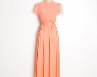 vintage 70s dress peach tiered disco prom long maxi dress clothing S