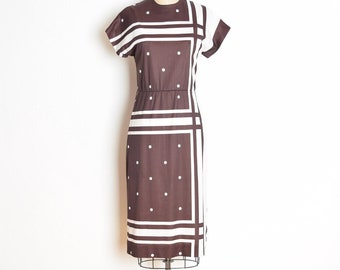 vintage 70s dress brown white geometric print mod secretary midi dress M clothing polka dot