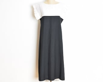 vintage 80s dress black white color block futuristic mod midi secretary M L clothing