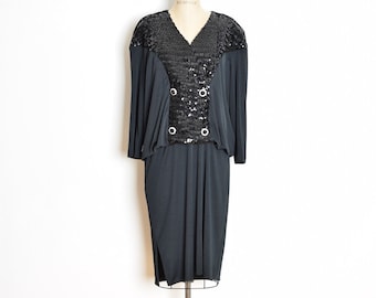 vintage 80s dress black sequin drop waist flapper gatsby sailor midi dress XL clothing