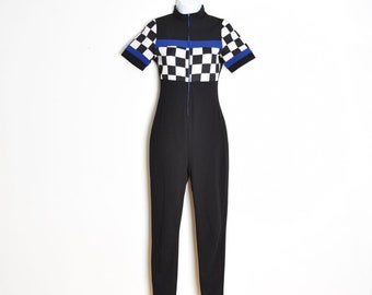 vintage y2k jumpsuit black checkerboard race print one piece outfit playsuit XS clothing