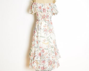 vintage 70s dress cream floral print lace crochet off shoulder hippie boho XS S tiered ruffle sun dress