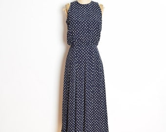 vintage 80s dress navy white polka dot print long maxi sun dress M clothing