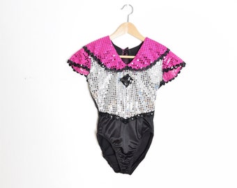 vintage 80s bodysuit black silver sparkly sequin dance costume romper top leotard XS