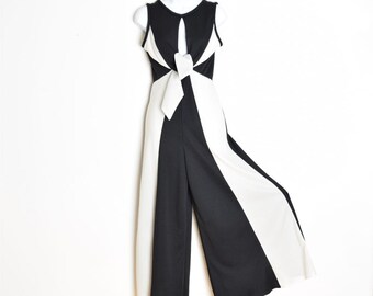 vintage 70s jumpsuit black white disco stripe wide leg palazzo gaucho romper XS clothing