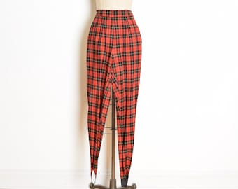 vintage 90s pants red plaid print high waisted stirrup punk leggings stretch XS