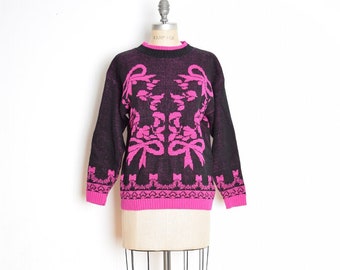 vintage 80s sweater black fuchsia sparkly metallic bows jumper top shirt M clothing