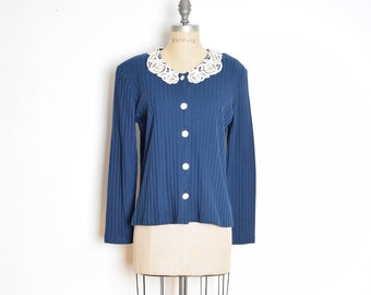 vintage 90s jacket top navy blue ribbed crochet collar cardigan shirt M L clothing