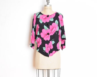 vintage 90s top black pink poppies floral print dolman sleeve blouse shirt M L clothing