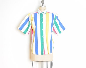 vintage 80s top button up shirt white colorful wide stripe print blouse L XL