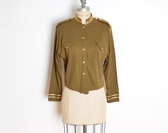 vintage 90s jacket olive green military epaulets crop top shirt gold button M L clothing