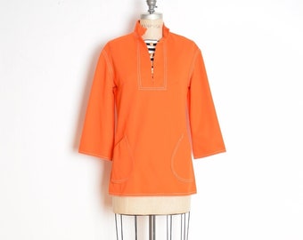 vintage 60s top shirt blouse orange mod striped nautical navy white M clothing