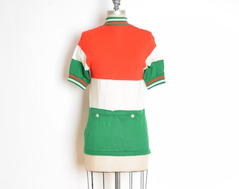 vintage jaren '60 trui rood groen wit gestreepte korte mouw top kleur blok S M kleding