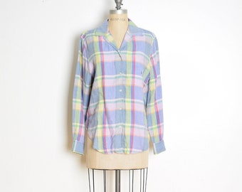 vintage 90s top Ralph Lauren linen pastel plaid button up shirt blouse M
