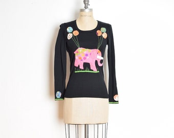 vintage 70s top black pink satin applique ELEPHANT balloons tee shirt XS S clothing