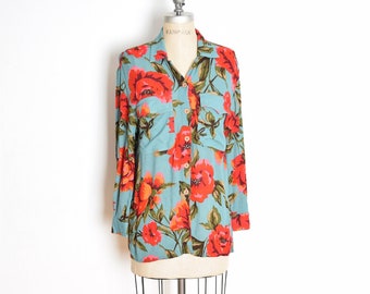 vintage 90s top blue red floral POPPIES poppy print blouse shirt rayon S clothing