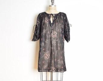 vintage 70s top sheer black metallic floral print hippie boho tunic shirt L XL clothing