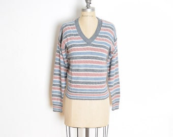 vintage 70s sweater mauve gray striped V neck jumper top shirt clothing M