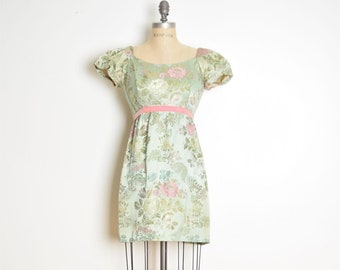 vintage 60s dress green pastel floral brocade puff sleeve empire kinder mini XS clothing