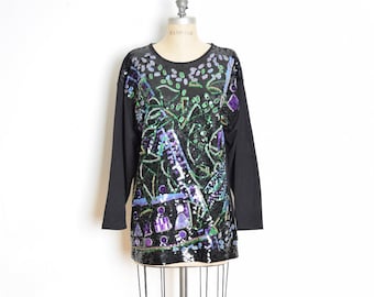 vintage 80s tunic top black purple sequin beaded gem shirt over sized clothing