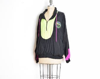 80s windbreaker, vintage 80s jacket, neon windbreaker, black jacket, pullover jacket, pullover windbreaker, 80s clothing, 80s warmup, L XL
