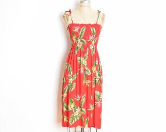 vintage 80s dress, hawaiian print dress, sun dress, red dress, tropical print, smocked dress, 80s clothing, floral print dress, XS S