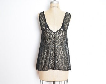 vintage 70s top sheer black lace babydoll lingerie tunic top shirt 1970s clothing XS S
